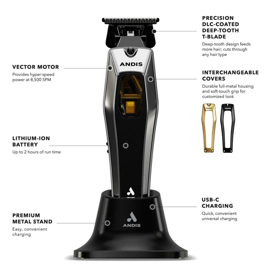 Andis Recon  hair trimmer with features highlighted on a white background