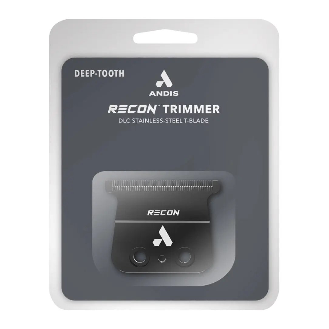 Andis Recon Trimmer packaging with a clear window showing the blade.