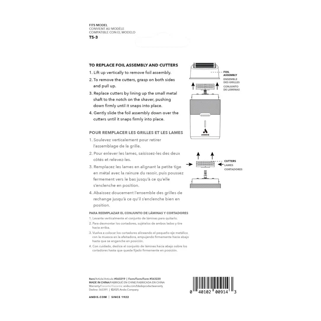 Instructions for replacing foil assembly and cutters on a product, with text and diagrams FOR ANDIS ProFoil Plus II Replacement Foil 