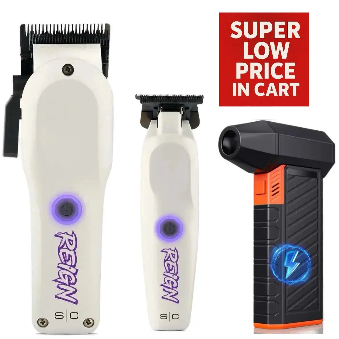 Two white hair clippers with purple Reign logo and a black and orange lighter on a white background.