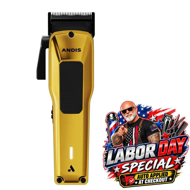 Gold and black ANDIS cordless hair clipper shown on a white background, with a Labor Day Special promotional badge on the right.