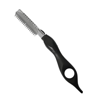 A black and silver grooming saw with a textured handle and serrated metal blade, shown on a plain white background.
