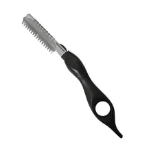 A black and silver grooming saw with a textured handle and serrated metal blade, shown on a plain white background.