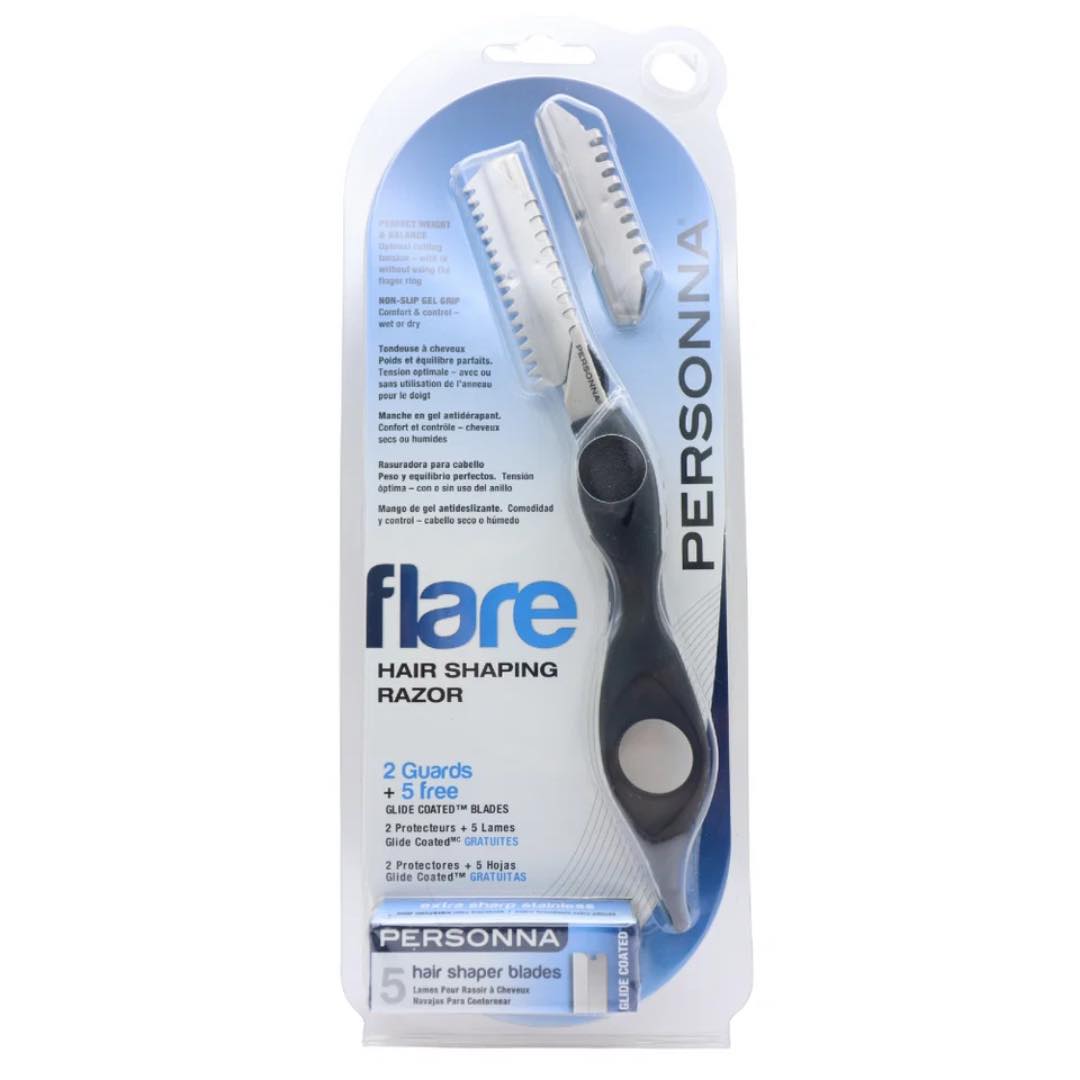 PERSONNA flare hair shaping razor in its original retail blister packaging, featuring a black and silver handle with two silver guard blades.