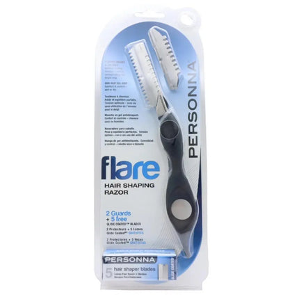 PERSONNA flare hair shaping razor in its original retail blister packaging, featuring a black and silver handle with two silver guard blades.