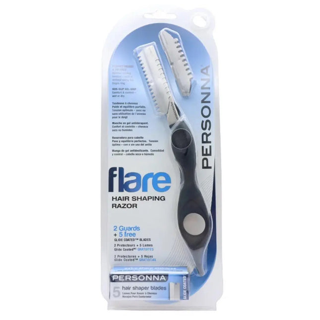 PERSONNA flare hair shaping razor in its original retail blister packaging, featuring a black and silver handle with two silver guard blades.