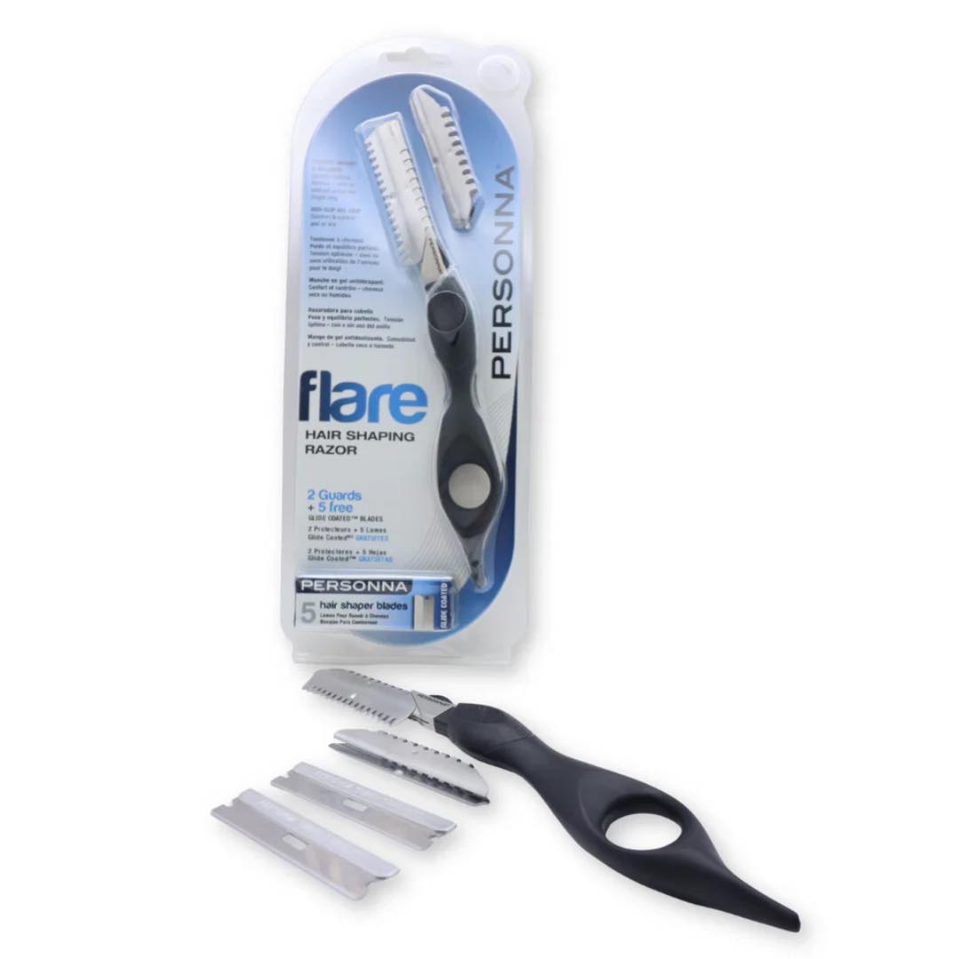PERSONNA flare hair shaping razor in its retail blister packaging, with the black-handled razor and four silver blade inserts displayed in front on a white background.