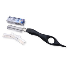 A personal care razor with a black ergonomic handle and stainless steel blade, shown with two additional replacement blades and a PERSONNA product box on a white background.