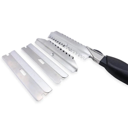 A metal grooming or shaving tool set with multiple interchangeable silver blades and a black-handled tool, photographed on a plain white background.