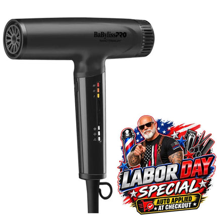 BaBylissPRO hair dryer in matte black, shown on a plain white background with a colorful 'Labor Day Special' promotional badge in the lower right corner.