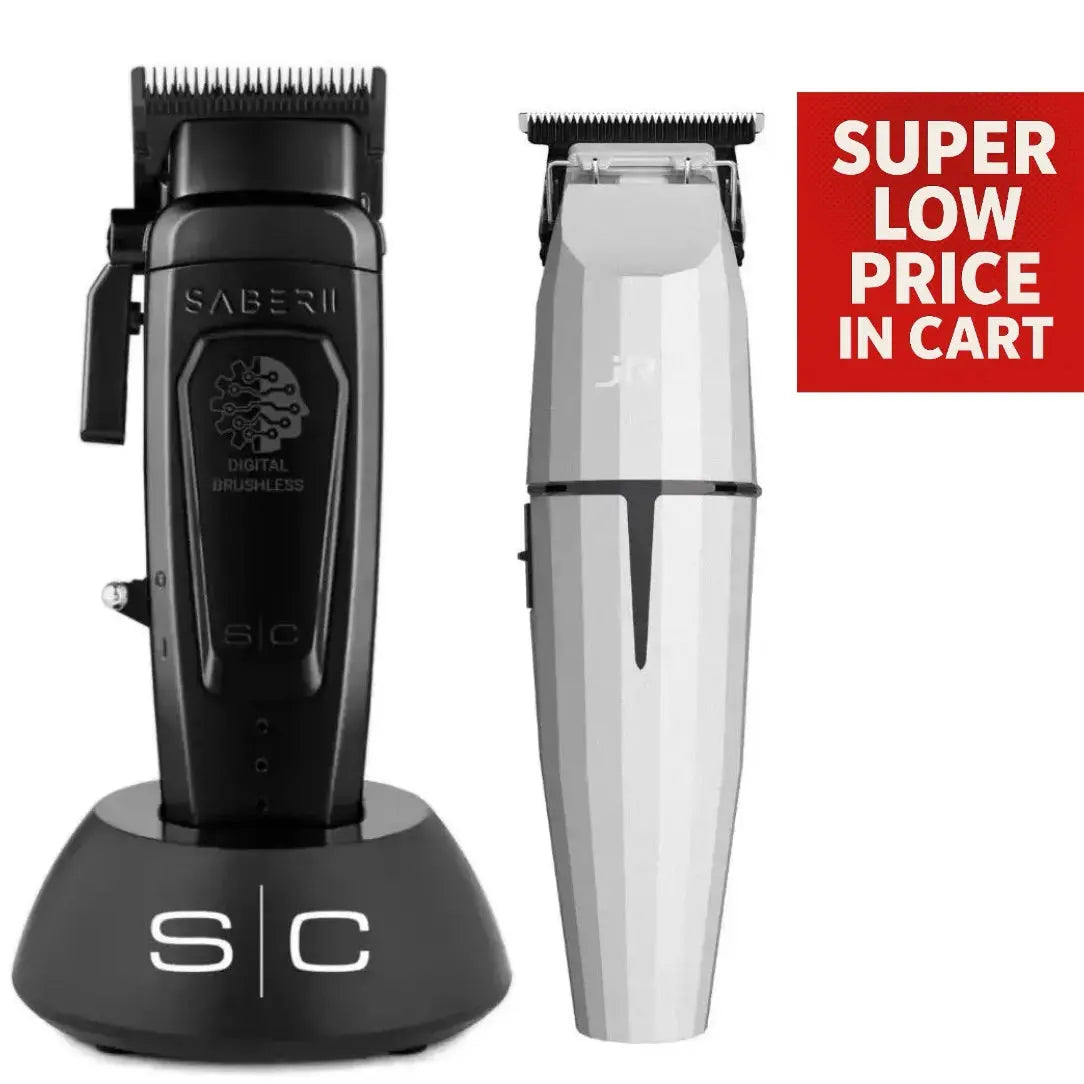 Two hair trimmers, one black and one silver, with a red box indicating 'Super Low Price in Cart' on a white background.