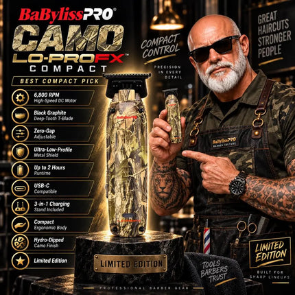 A man in a barber outfit holds and points to a BaBylissPRO Camo Lo-ProFX Compac hair dryer on a lit display stand in a barbershop setting. The image includes product features, branding, and promotional text.