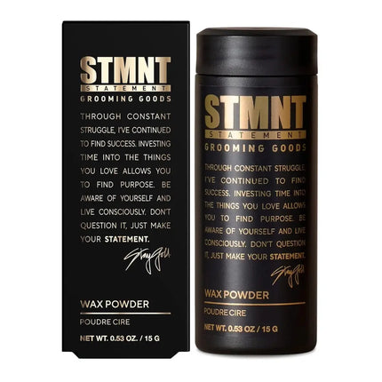 STMNT Grooming Goods wax powder container and packaging on a white background