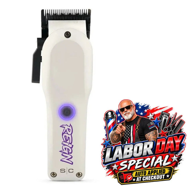 A white cordless hair clipper with a black cutting blade and purple branding text, shown on a white background next to a colorful 'Labor Day Special' promotional graphic.