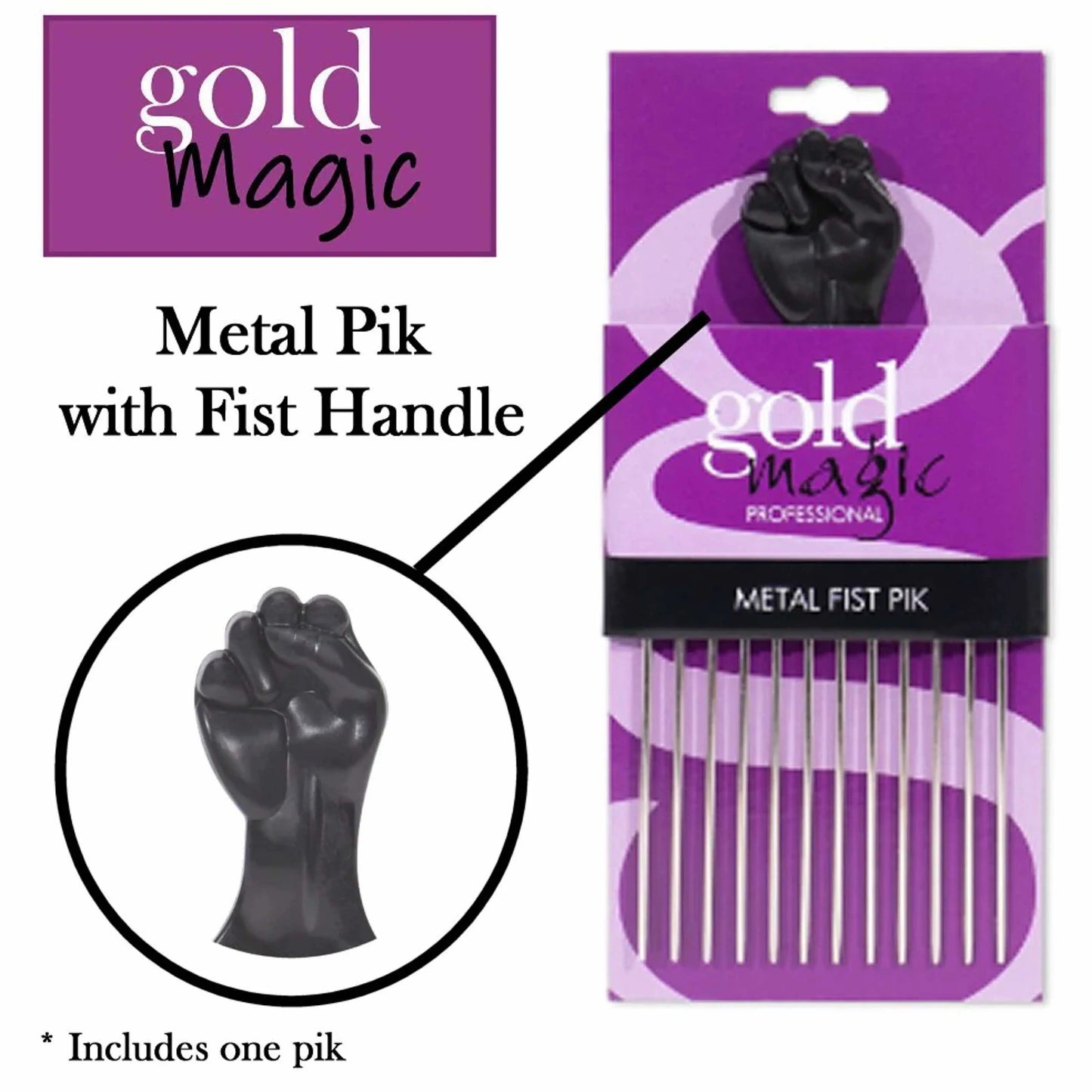 Gold Magic metal pik with fist handle packaging on a white background