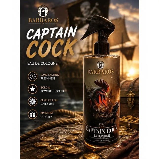 A bottle of Barbaros Captain Cock Eau de Cologne is shown on a pirate-themed background with coins, a treasure chest, and a ship. The bottle has a black spray pump and a label featuring a red rooster.