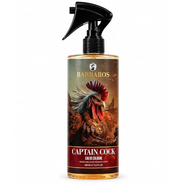 A 400 mL spray bottle of Barbaros Captain Cock Eau de Cologne, featuring a black trigger sprayer and a label with an illustration of a rooster.