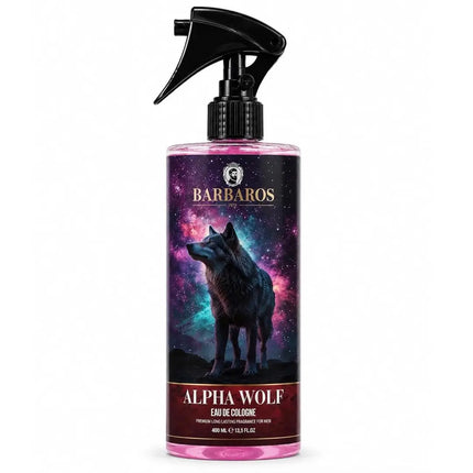 A 400 mL spray bottle of Barbaros Alpha Wolf Eau de Cologne, featuring a black trigger sprayer and a label with a wolf silhouette against a colorful cosmic galaxy background.
