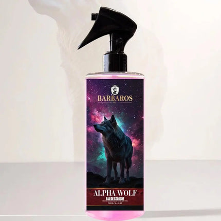 A spray bottle of Barbaros Alpha Wolf Eau de Cologne, featuring a black trigger sprayer and a label with a wolf on a colorful cosmic background, set against a white backdrop with a faint wolf silhouette.