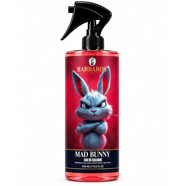 A 500 mL spray bottle of Barbaros Mad Bunny Eau de Cologne, featuring a red label with a blue-gray cartoon bunny illustration and a black trigger spray top, set against a plain white background.