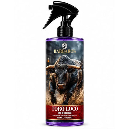 A 500 mL bottle of Barbaros Toro Loco Eau de Cologne with a black spray nozzle and a label featuring a charging bull on a dark background with purple-tinted bottle edges.