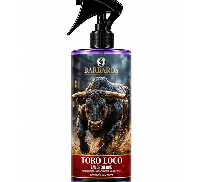 A 500 mL bottle of Barbaros Toro Loco Eau de Cologne with a black spray nozzle and a label featuring a charging bull on a dark background with purple-tinted bottle edges.