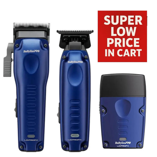 Blue hair trimmer set with a red 'Super Low Price In Cart' label on a white background