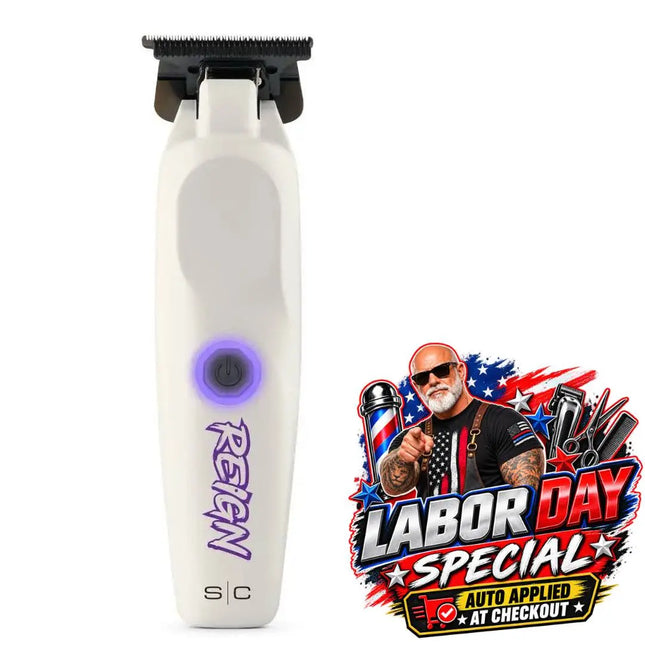 A white electric hair clipper with a black cutting head and a purple power button, shown on a white background next to a colorful 'Labor Day Special' promotional graphic.