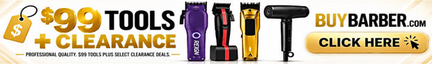BuyBarber.com mobile banner promoting $99 barber tools and clearance items, featuring professional clippers, trimmers, a gold clipper, a hair dryer, and a call-to-action button.