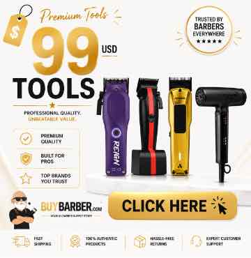Promotional banner for a 99 USD set of professional barber tools, featuring a purple, black, and gold clipper set and a black hair dryer on a light beige background with text and badges.