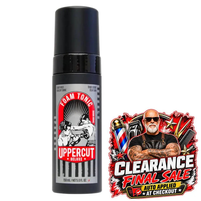 A 150 ml can of Uppercut Deluxe Foam Tonic on a white background, next to a red, black, and white 'Clearance Final Sale' promotional sticker.