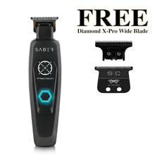 Saber hair trimmer with two additional blades on a white background