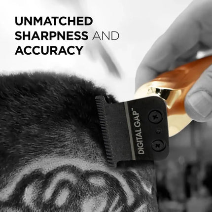 Digital GAP grooming tool being used on a person's head with text 'Unmatched Sharpness and Accuracy'.