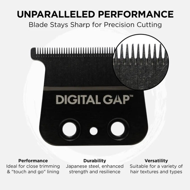 Hair trimmer blade with 'Digital Gap' branding and text highlighting features on a white background.