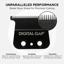 Hair trimmer blade with 'Digital Gap' branding and text highlighting features on a white background.