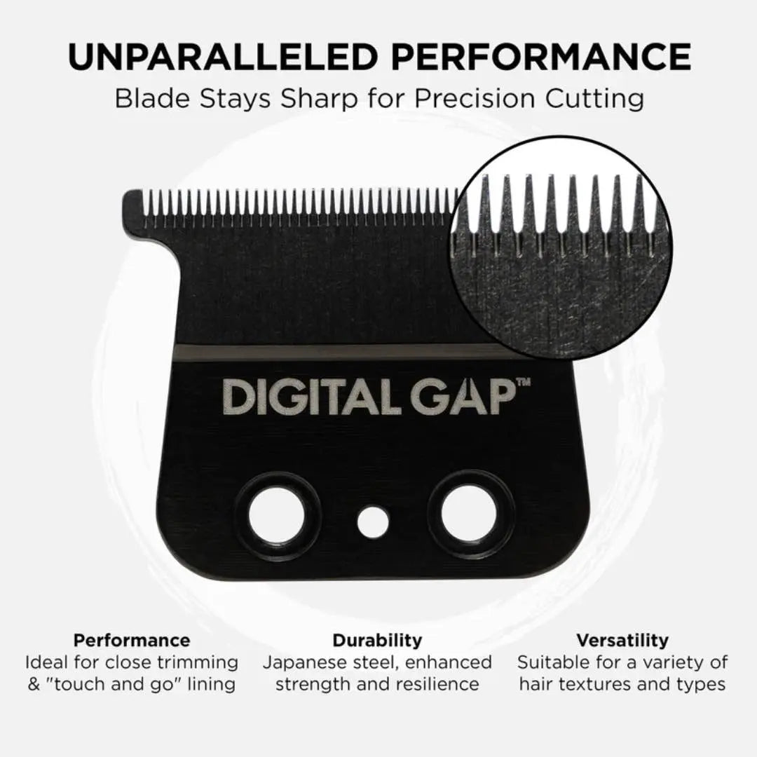 Hair trimmer blade with 'Digital Gap' branding and text highlighting features on a white background.