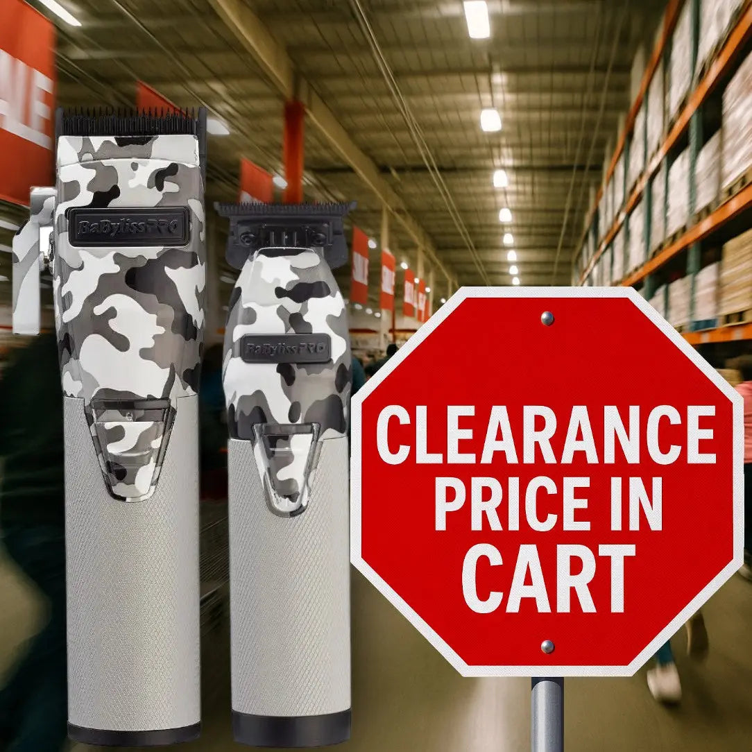 Two camouflage Babyliss hair trimmers with a 'Clearance Price in Cart' sign in a warehouse setting.