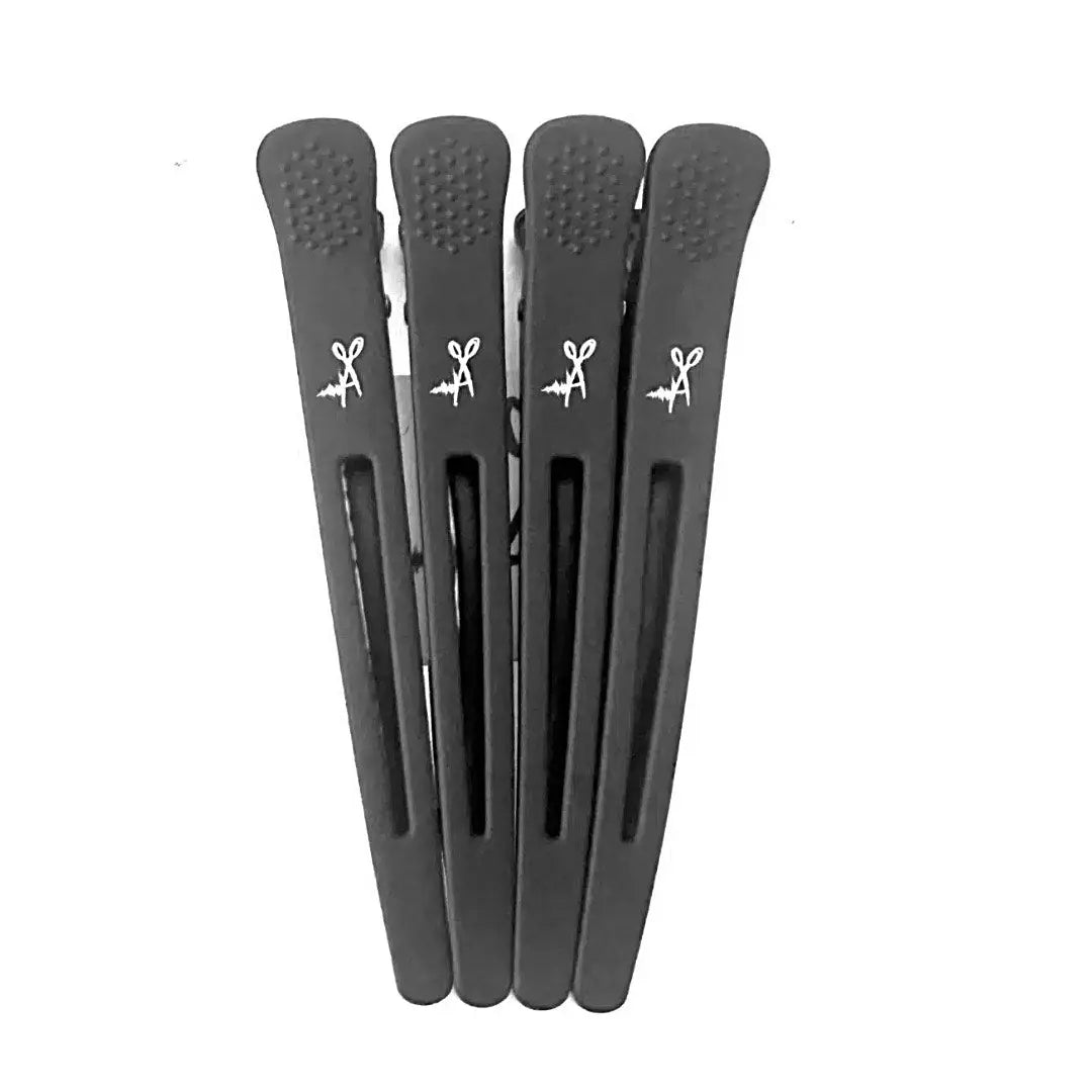 Set of black hair clips with a brand logo on a white background