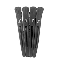 Set of black hair clips with a brand logo on a white background