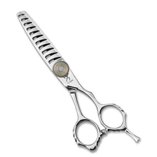 “Handmade Japan VG10 Thinning Shears (6”) with a gold tension knob and micro-cut hair technology”

