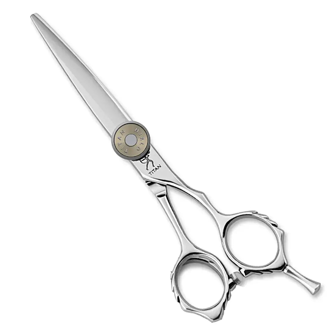 "Handmade Japan VG10 Cutting Shears (6”) featuring a bright gold tension knob and micro-cut hair technology"

