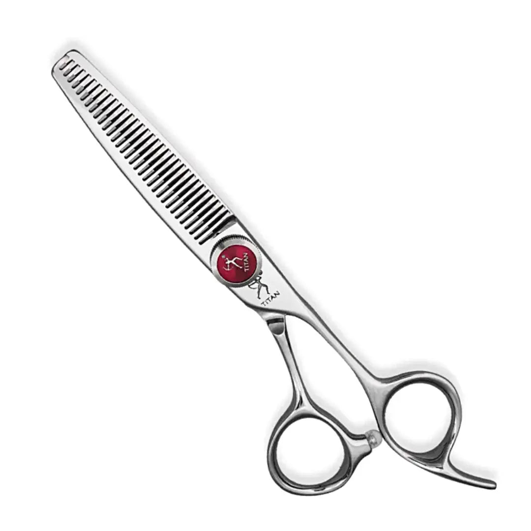 “Handmade Japan VG10 Thinning Shears (6”) showcasing a vibrant LASER RED tension knob”
