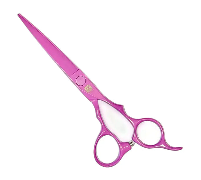 Pink hairdressing shears with a metallic finish, shown diagonally on a plain white background.