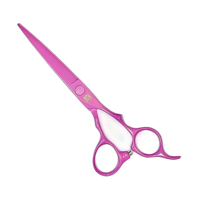 Pink hairdressing shears with a metallic finish, shown diagonally on a plain white background.