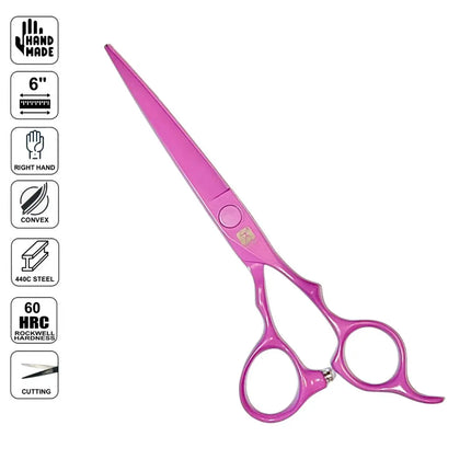 A pair of bright pink professional hair shears scissors with a metallic finish, shown on a white background with a vertical column of feature icons on the left detailing dimensions, hand compatibility, blade shape, steel quality, hardness, and cutting performance.