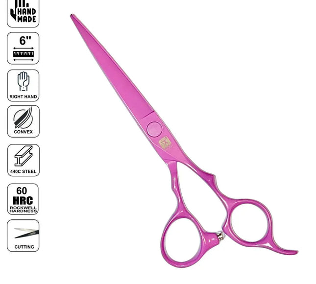 A pair of bright pink professional hair shears scissors with a metallic finish, shown on a white background with a vertical column of feature icons on the left detailing dimensions, hand compatibility, blade shape, steel quality, hardness, and cutting performance.