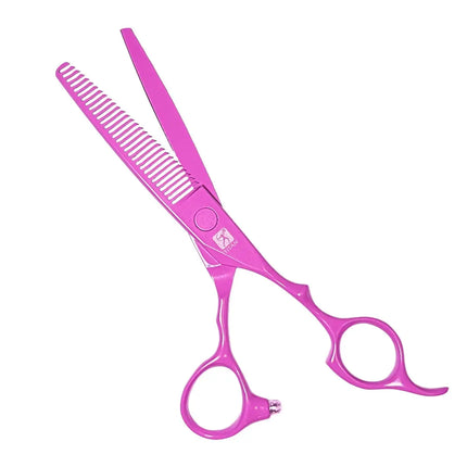Bright pink professional hair scissors with a comb blade, shown on a plain white background.