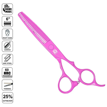 A bright pink professional hair combing scissors with a left-hand grip design, shown alongside a vertical column of feature icons on a white background.