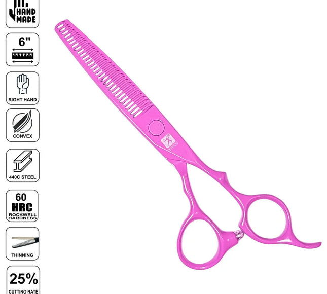 A bright pink professional hair combing scissors with a left-hand grip design, shown alongside a vertical column of feature icons on a white background.