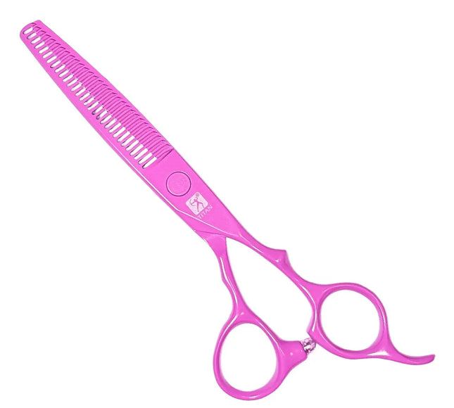 Pink professional hairdressing scissors with a comb blade and ergonomic handles, shown on a plain white background.